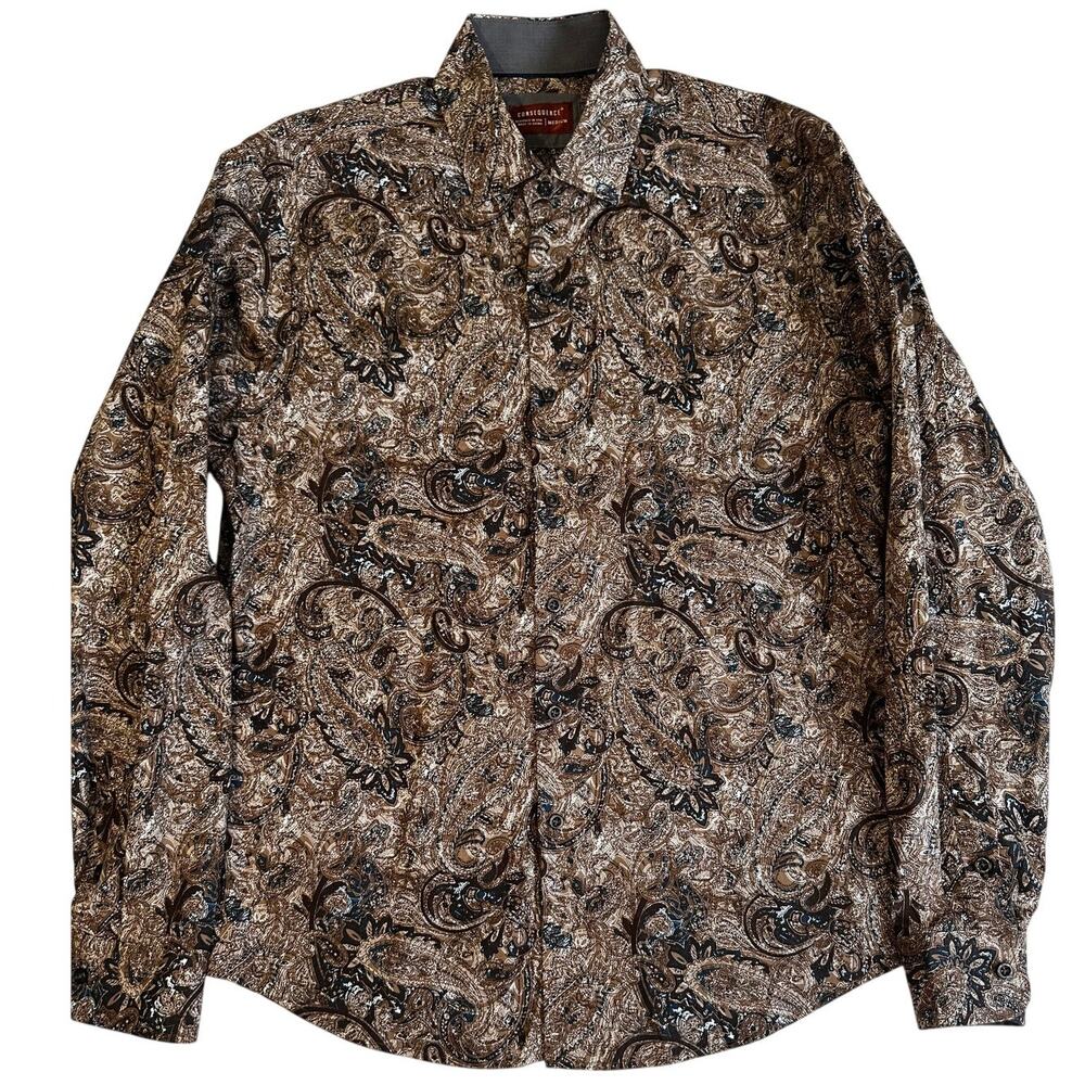 Consequence Paisley Button Shirt Mens Medium Brown Casual